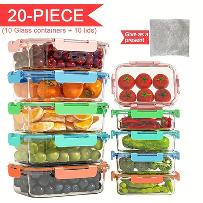 Glass Food Storage Containers with Lids 20-Piece Set, Stackable Airtight Meal Prep Containers, Oven Microwave Refrigerator & Dishwasher Safe, Space-Saving Kitchen Organization – 10 Containers + 10 Lids