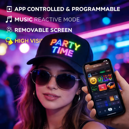 Programmable LED Light-Up Baseball Cap – Bluetooth App Scrolling Text & Animation, Rechargeable Flashing Hat for Parties Music Festivals Night Runs, Adjustable Teens Gift