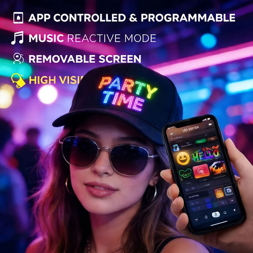 Programmable LED Light-Up Baseball Cap – Bluetooth App Scrolling Text & Animation, Rechargeable Flashing Hat for Parties Music Festivals Night Runs, Adjustable Teens Gift