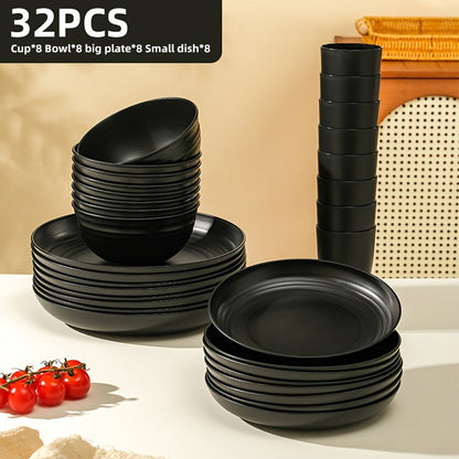 Black Wheat Straw Tableware Set – 16/32 Piece Unbreakable Eco-Friendly Plates Dessert Plates Bowls & Cups for 4-8 People, Outdoor Camping Party Wedding Halloween Kitchen Accessories
