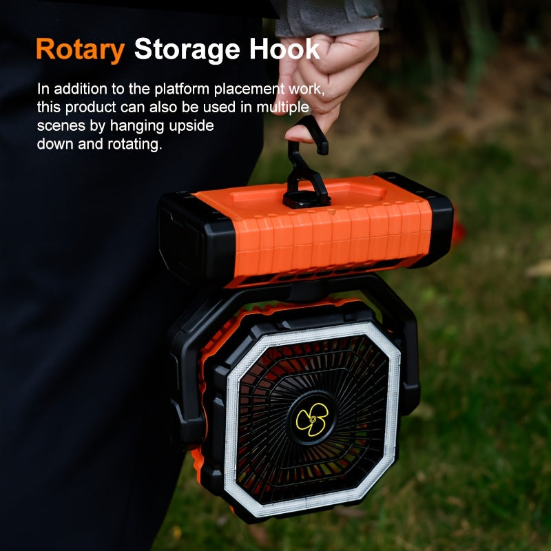 20000mAh Portable Camping Fan with LED Light – USB Rechargeable Outdoor Tent Fan for Hiking, Fishing & Camping – Durable Compact Design with Handle, Green & Orange
