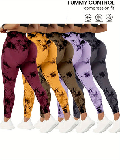 5 Pack High-Waisted Yoga Pants for Women with Tummy Control, Tie-Dye Fitness Leggings Stretchy Running Tights Peach Lift Workout Pants, All-Season Activewear in Various Colors