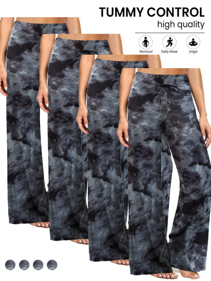 Wide Leg Palazzo Pants for Women 4-Pack – High Waist Flowy Stretchy Casual Beach Lounge Pants, Loose Dress Pants for Everyday Wear, Vacation, Summer & Plus Size – S to XXL, Black & Mixed Colors