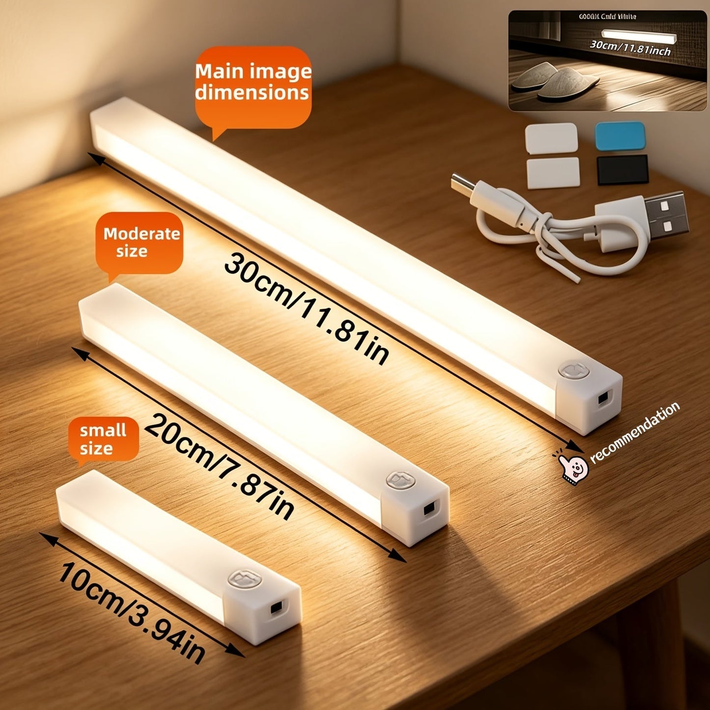 LED Motion Sensor Dimmable Cabinet Light USB-C Rechargeable – Adjustable Color Temperature White & Warm, 3 Modes, Magnetic Mount for Kitchen, Closet, Bedroom, Stairs & Office, 10/20/30cm