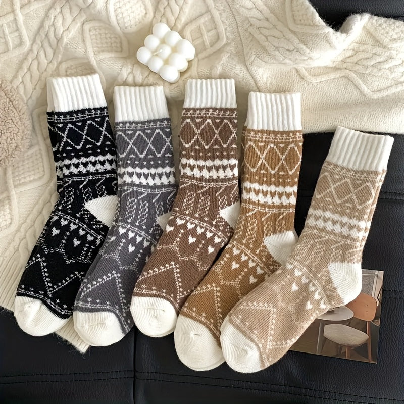 5-Pack Women's Thermal Winter Socks – Fluffy Warm Mid-Calf Cold Weather Socks with Ethnic Rhombus Pattern, Cozy Soft Fabric for Outdoor Commuting & Everyday Wear, Multi-Color