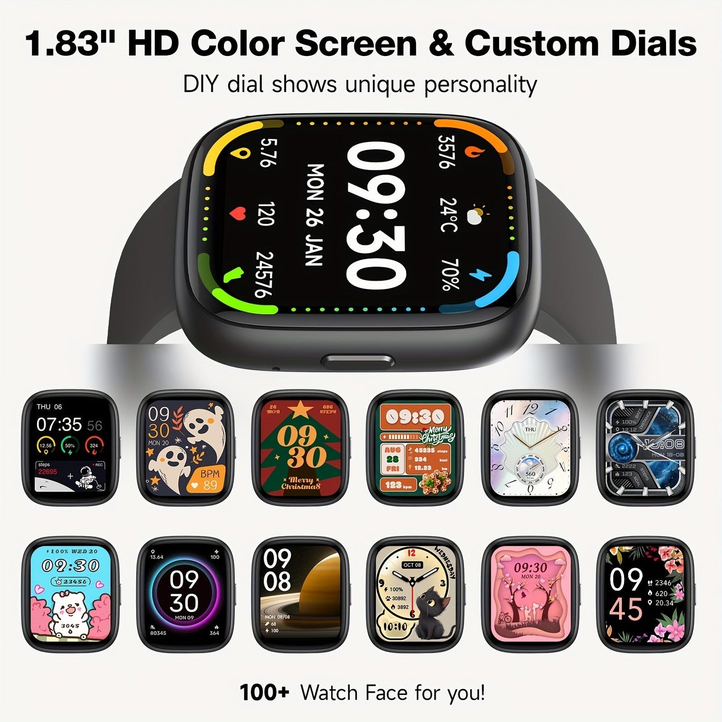 Smart Watch for Men & Women with Wireless Calling & Built-in Alexa – 1.83" HD Touch Screen, 100+ Sports Modes, Heart Rate Monitor, Waterproof Fitness Tracker, Compatible with iPhone & Android