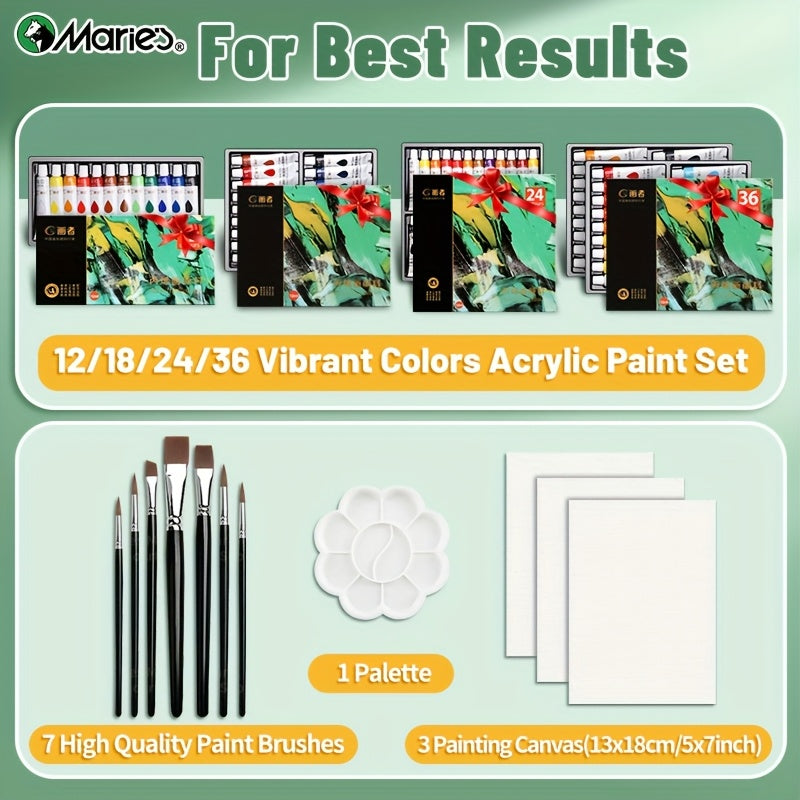 Acrylic Paint Set 36 Colors with 7 Brushes Palette 3 Blank Canvases for Canvas Rock Wood Wall Ceramic Art Adults Students Hobby Birthday Easter Gift