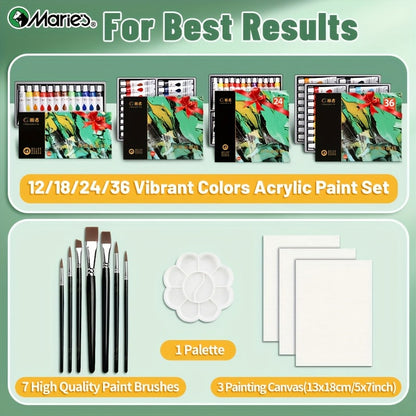 Acrylic Paint Set 36 Colors with 7 Brushes Palette 3 Blank Canvases for Canvas Rock Wood Wall Ceramic Art Adults Students Hobby Birthday Easter Gift