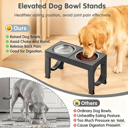 Elevated Dog Bowls Foldable Raised Feeder Stand – 2 Stainless Steel Bowls, Adjustable 5 Heights, Non-Slip, Portable Dog Food Water Bowl for Small Medium Large Dogs & Cats, 2-Pack