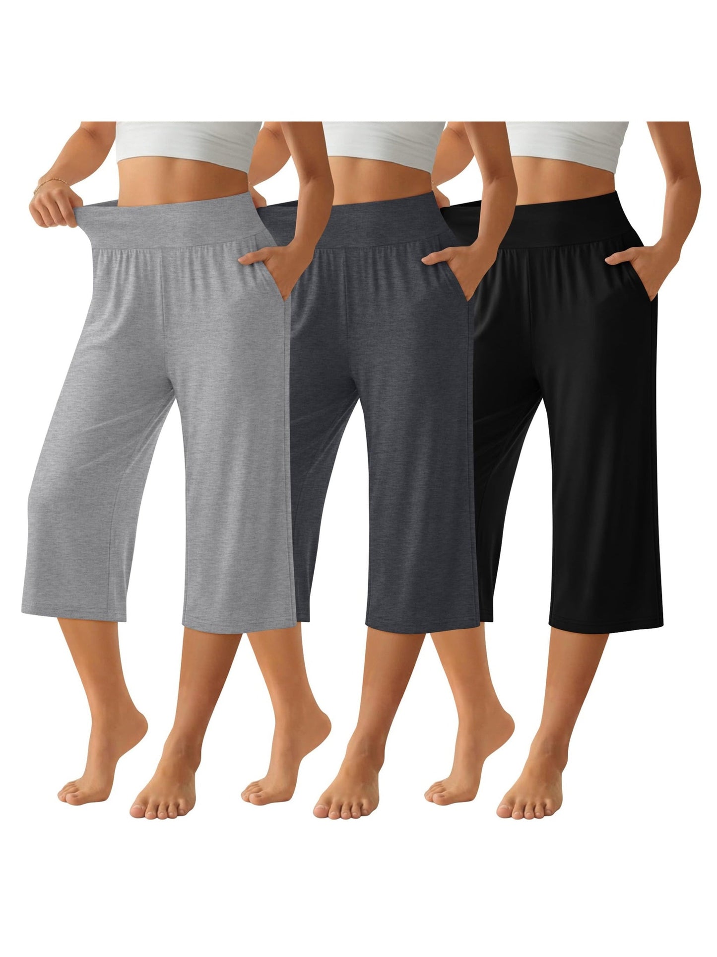 Women's Capri Pants 3-Pack – Loose Lounge Cropped Sweatpants Joggers with Pockets & Elastic Waist, Yoga Capri for Spring Summer Fall Casual Weekend Wear