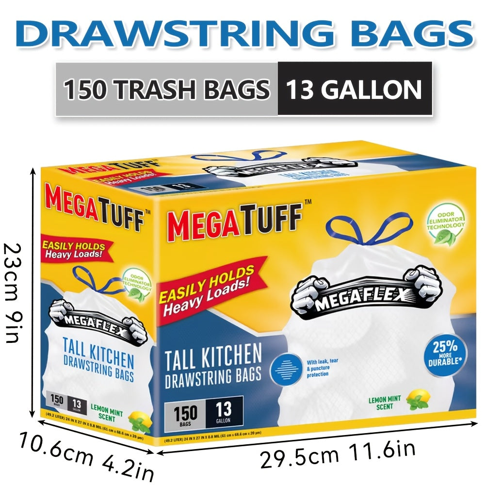 13 Gallon Drawstring Kitchen Trash Bags with Odor Eliminator – Puncture & Tear Resistant Disposable Garbage Bags, Lemon Mint Fresh Scent, Available in 78-Count & 150-Count Boxes