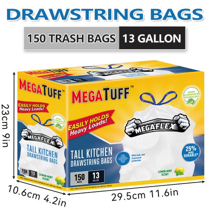 13 Gallon Drawstring Kitchen Trash Bags with Odor Eliminator – Puncture & Tear Resistant Disposable Garbage Bags, Lemon Mint Fresh Scent, Available in 78-Count & 150-Count Boxes