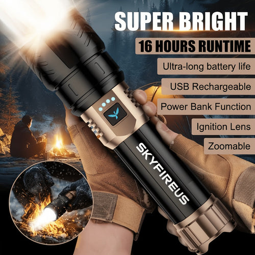 SKYFIRE LED Super Bright Rechargeable Flashlight with Zoom, 4 Modes & Cycling Light – High Lumen Tactical Flashlight for Camping, Outdoor Adventures & Household Emergency Use