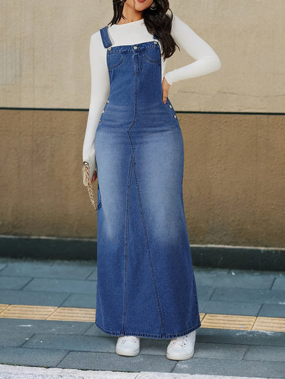 Women's Non-Stretch Denim Dress – Loose Fit Long Skirt with Detachable Strap & Button Closure, Casual to Formal Versatile Denim Dress, Blue & Light Blue, Sizes XS-XXL
