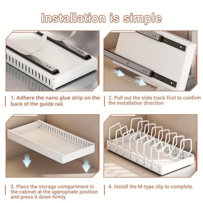 Pull Out Pot & Pan Organizer Rack for Under Cabinet – Slide Out Lid Holder with 8 Adjustable Compartments, Drill-Free Install, Kitchen Cabinet Cookware & Baking Sheet Organizer – 1pc or 2pcs