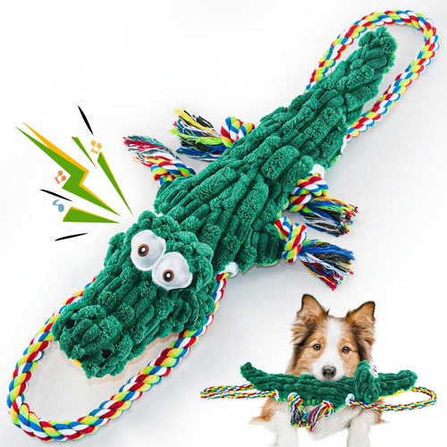 Crocodile Squeaky Dog Chew Toy with Built-In Squeaker – Durable Cotton Rope & Canvas Tug Toy for Small Medium Large Dogs, Teeth Cleaning, Interactive Tug-of-War, Aggressive Chewer Safe