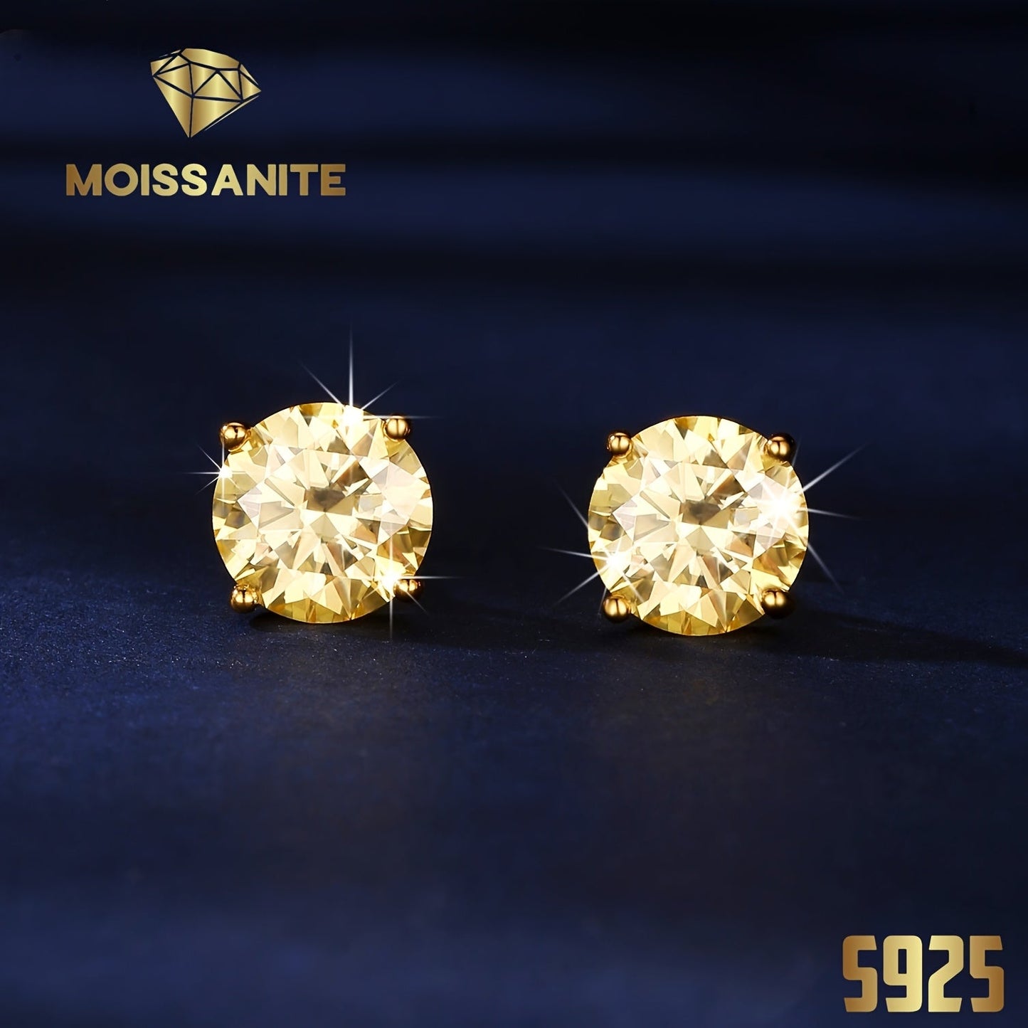 Champagne Yellow Moissanite Stud Earrings S925 Sterling Silver 4-Claw Setting 1ct 2ct 3ct – Diamond Alternative Sparkle Earrings for Women Valentine Birthday Wedding Gift with Velvet Pouch