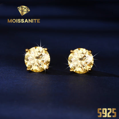 Champagne Yellow Moissanite Stud Earrings S925 Sterling Silver 4-Claw Setting 1ct 2ct 3ct – Diamond Alternative Sparkle Earrings for Women Valentine Birthday Wedding Gift with Velvet Pouch