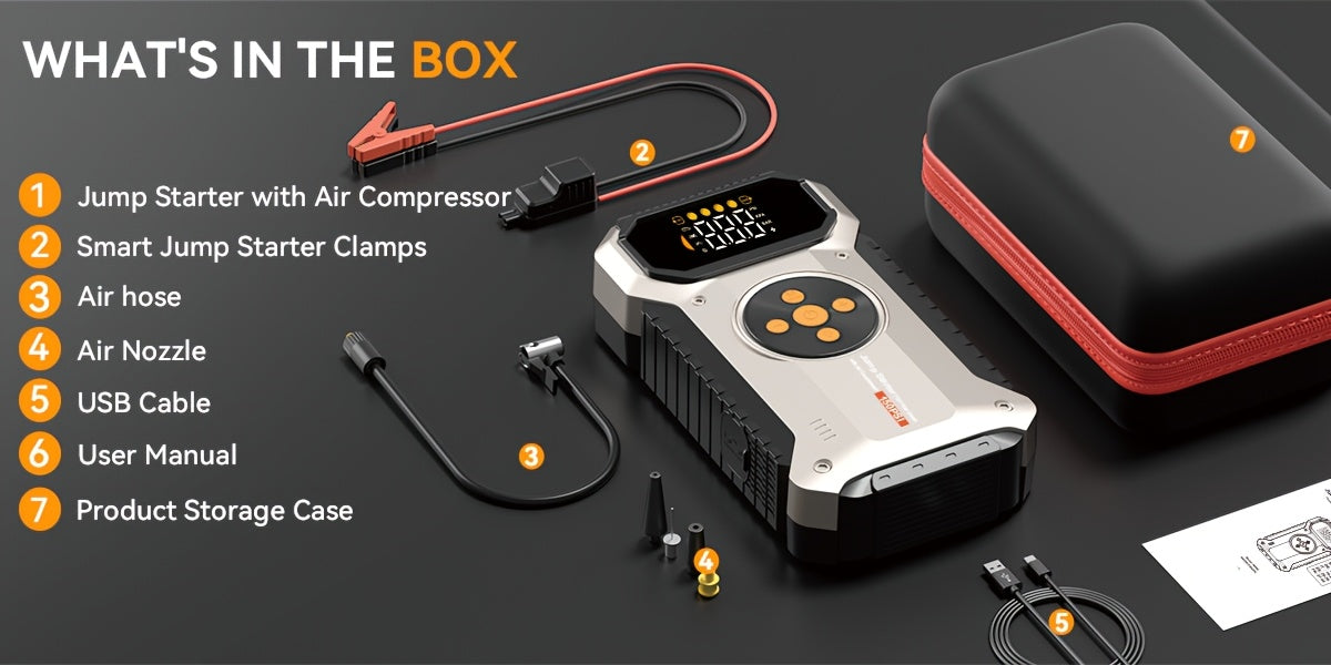 5000A Car Jump Starter with 150PSI Air Compressor – 12000mAh Portable Battery Booster Pack, Digital Tire Inflator, USB-C & USB-A, LED Emergency Light for 12V Gas & Diesel Engines