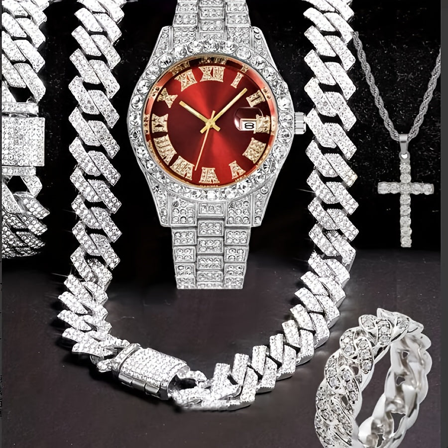 Men's Hip Hop Watch & Jewelry Set - Cuban Chain Pendant Necklace Bracelet Combo, Trendy Bling Accessories for Men, Perfect Gift for Christmas Birthday Valentine's Day Father's Day