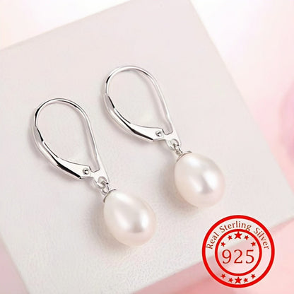 925 Sterling Silver Freshwater Pearl Drop Earrings Elegant French Style Dangle with Lobster Clasp for Women Wedding Bridal Gift Valentine's Day