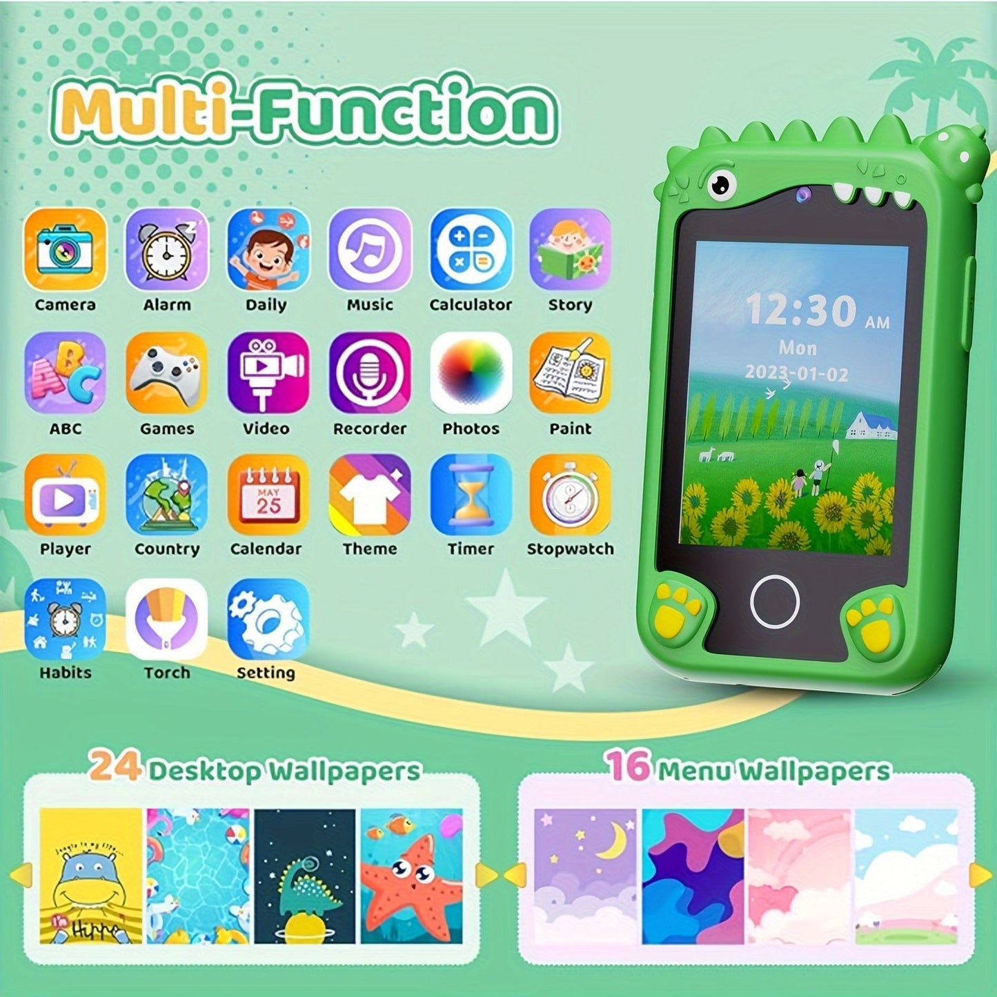Kids Smart Phone Toy with HD Touchscreen Dual Camera Dinosaur Design 8GB SD Card Included Play Cell Phone for Boys and Girls Ages 3 and Up Travel Toy Birthday Easter Halloween Christmas Gift Green Purple