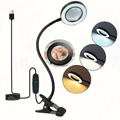 Diamond Painting Magnifier LED Clamp Lamp 10X Hands-Free – USB 5V, 3 Color Modes, 10 Brightness Levels, 18'' Flexible Gooseneck, Clamp Desk Light for Crafts Sewing Jewelry Embroidery Reading