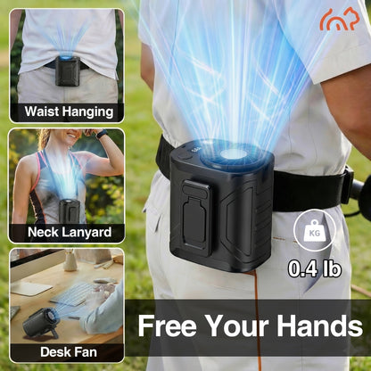 Portable Neck & Waist Fan 18000RPM Brushless Motor – 199-Speed Adjustment, 5000mAh Battery, LED Power Display, Hands-Free Wearable Cooling Fan for Outdoor Work, Camping, Fishing, Hiking & Travel