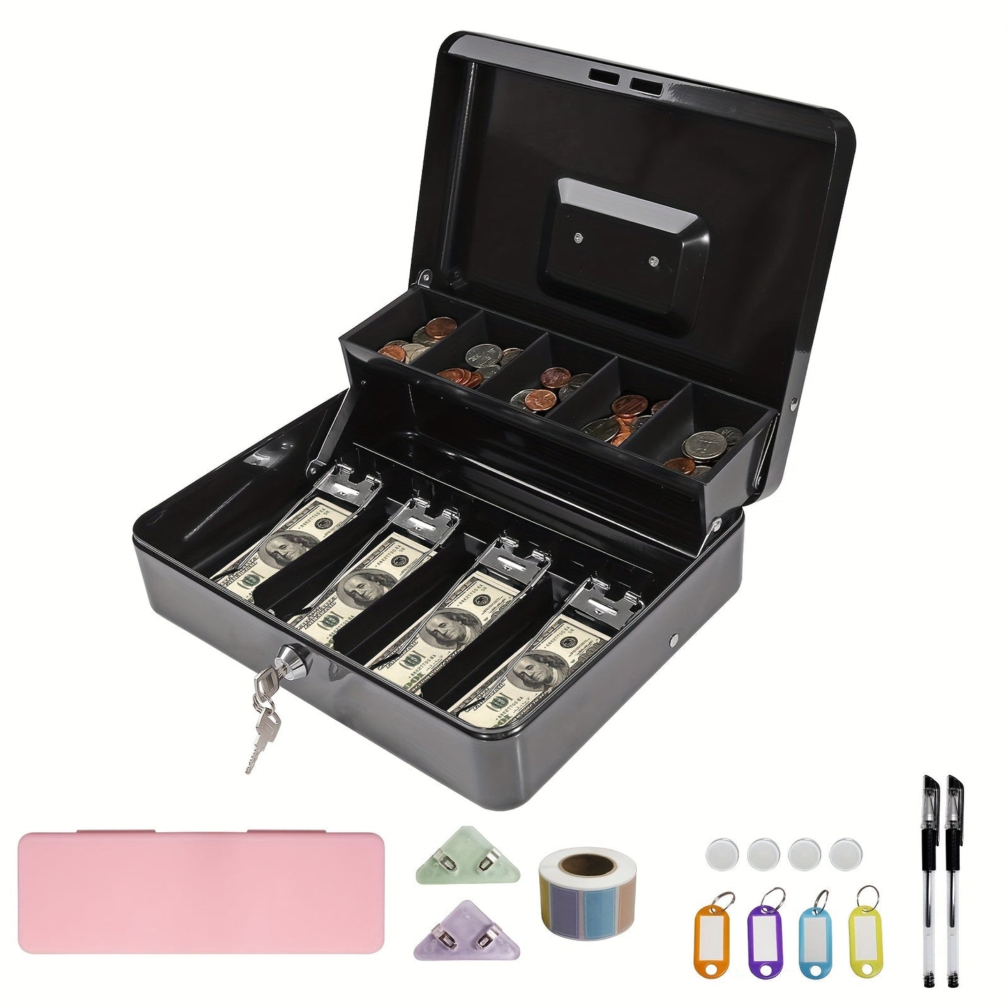 Large Locking Cash Box with Money Tray – Metal Security Box with 6 Accessories for Cash Register, Home, Office & Business, 6 Colors, Key Lock & Combination Lock Options