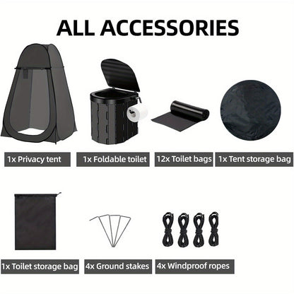Portable Camping Toilet & Privacy Tent – Pop Up Potty Tent for Adults with 12 Toilet Bags, Ground Stakes, Windproof Ropes & Moisture Mat, Foldable Outdoor Toilet for Camping Travel Hiking