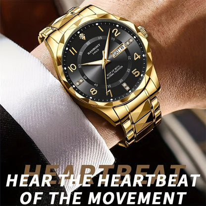 Stainless Steel Quartz Watch for Men & Women - Rhinestone Round Dial Luminous Display, Fully Automatic Multifunctional IPX7 Waterproof Wristwatch for Casual Sports, Holiday Birthday Gift