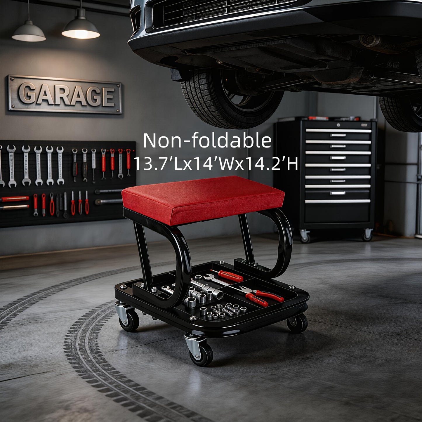 Mechanic Creeper Stool Z-Shape | Foldable 3-in-1 Crawler, Non-Foldable & Sliding Stool | 300LB Capacity, 6 Swivel Casters, Thick Padded Cushion – Garage Rolling Seat, Gift for Men – Red & Grey