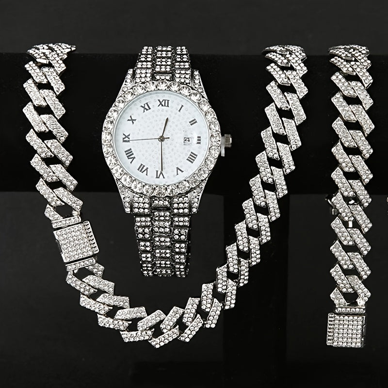 Men's Hip Hop Rhinestone Bling Watch Set with Waterfall Chain Bracelet & Necklace – Sparkling Quartz Watch Jewelry Set for Men, 3pc & 5pc, Perfect Holiday Gift