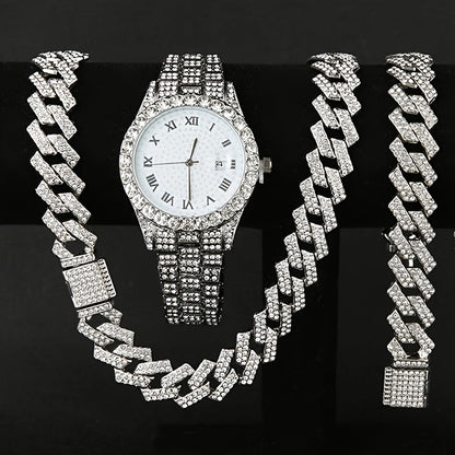 Men's Hip Hop Rhinestone Bling Watch Set with Waterfall Chain Bracelet & Necklace – Sparkling Quartz Watch Jewelry Set for Men, 3pc & 5pc, Perfect Holiday Gift