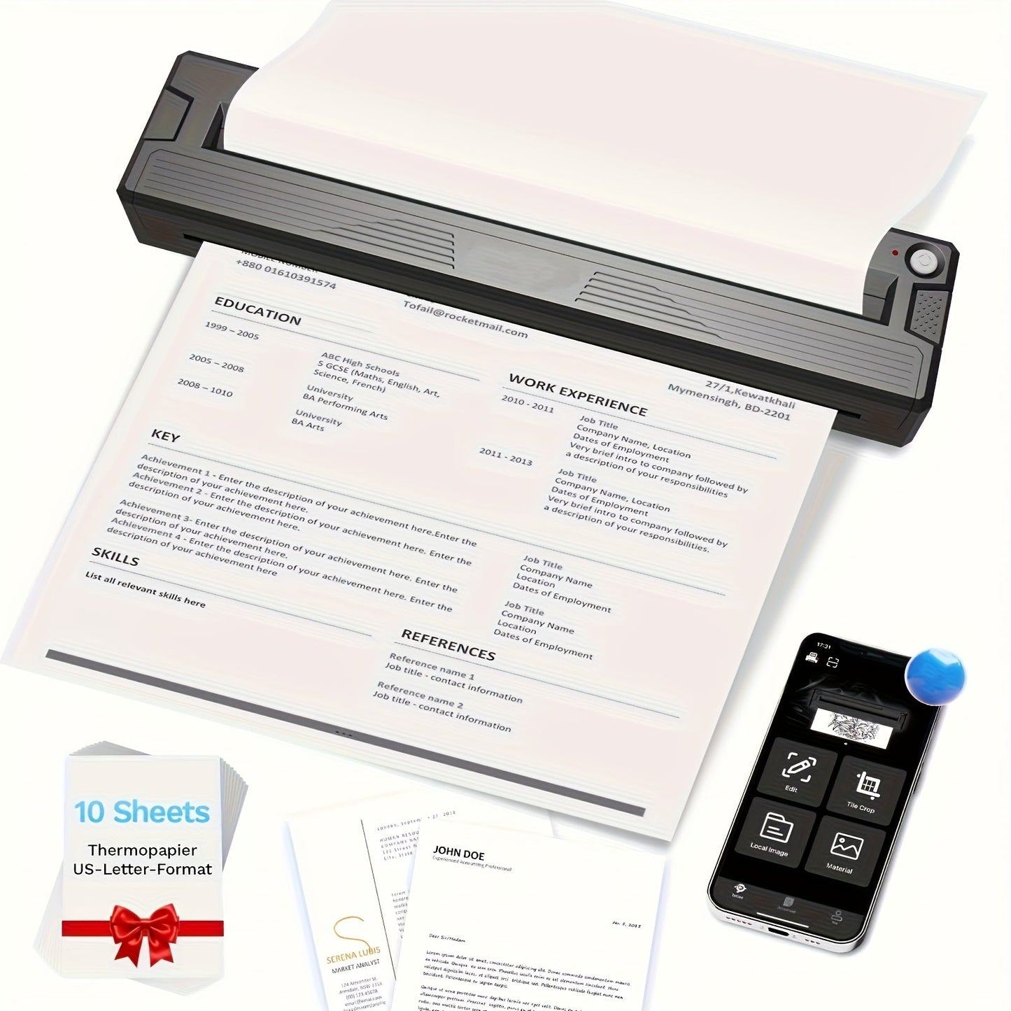 Portable Wireless Thermal Inkless Printer for Travel – 2026 Upgraded, Prints 8.5"x11" Letter, Legal, A4 & A5, Compatible with iPhone, Android & Laptop, Includes 10 Sheets Folded Thermal Paper – Black