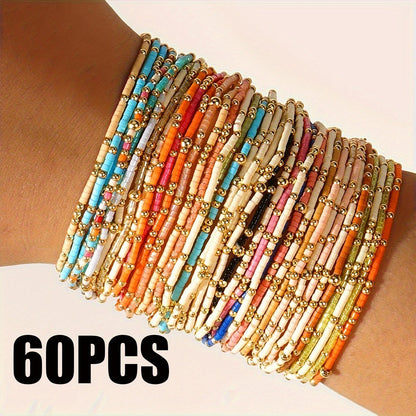 60pcs Bohemian Seed Bead Elastic Bracelets for Women – Multicolor Stackable Boho Stretch Bracelet Set, DIY Jewelry Making, Casual & Festival Wear, Random Bead Colors