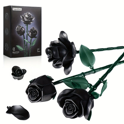 Gothic Black Rose 3D Building Brick Set 152 Pieces Artificial Flower Bouquet Display Model Kit Three Black Roses Unique Gift for Adults Teens Valentine Birthday Halloween Christmas