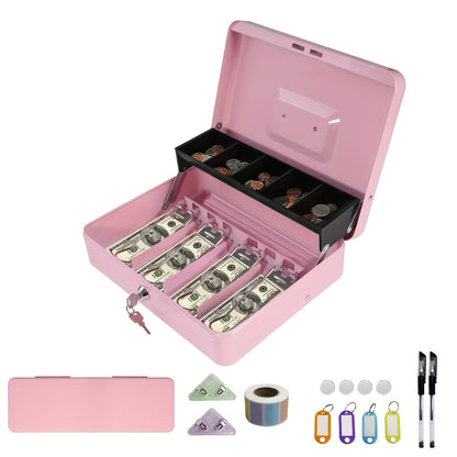 Large Locking Cash Box with Money Tray – Metal Security Box with 6 Accessories for Cash Register, Home, Office & Business, 6 Colors, Key Lock & Combination Lock Options