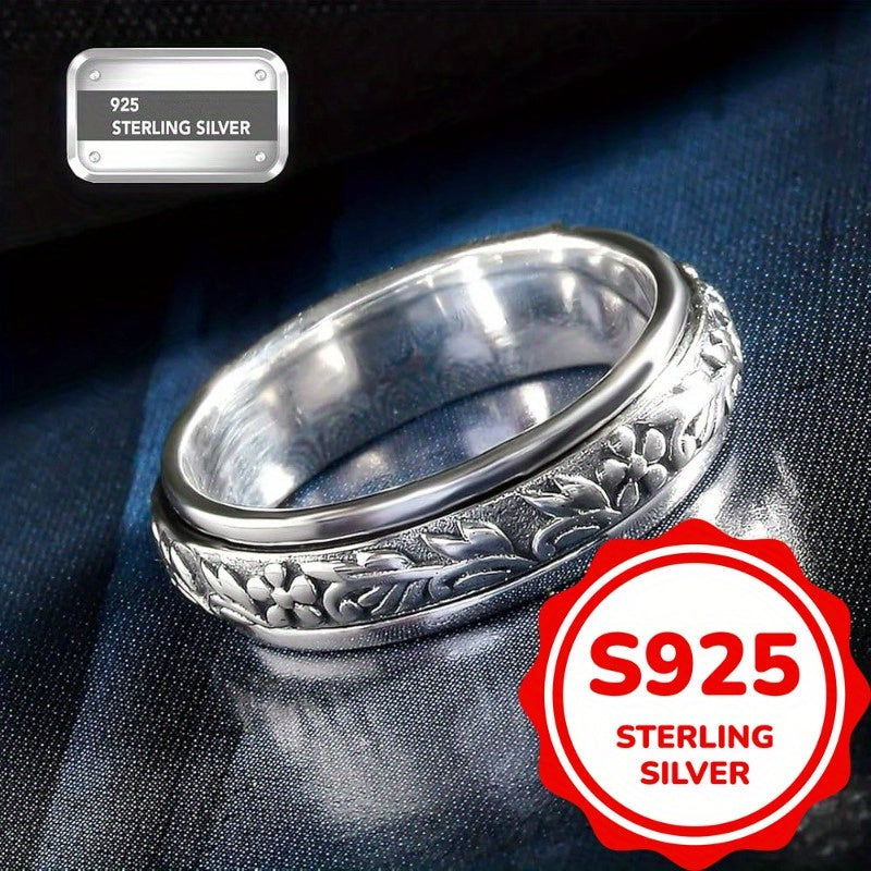 925 Sterling Silver Vintage Carved Leaf & Flower Wide Ring for Women – Elegant Boho Nature-Inspired Statement Band, Hypoallergenic Silver Jewelry Sizes 6-10 for Daily Wear Vacation Summer Gift