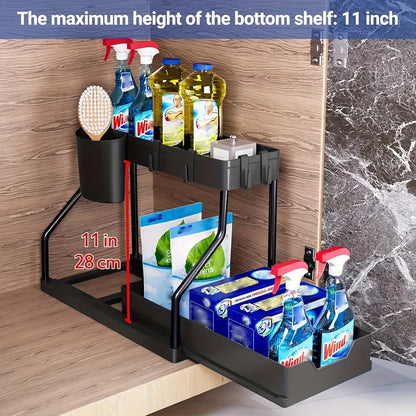 Under Sink Organizer 2-Pack with Sliding Drawer Shelves – Pull-Out Cabinet Storage Rack for Bathroom, Kitchen, Pantry & Vanity, Durable Metal Frame, Space-Saving Organization, Black or White