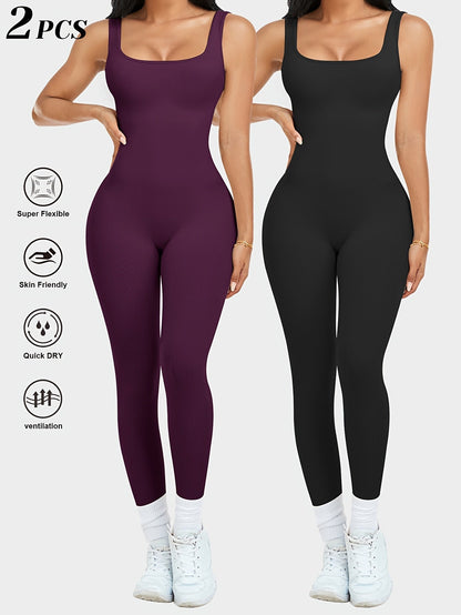 2-Pack Women's Sleeveless Square Neck Long Jumpsuit - 90% Nylon Thick Stretchy Impermeable Activewear Bodysuit for Yoga Pilates Running Fitness, Washable One-Piece Workout Suit Sizes S-XL