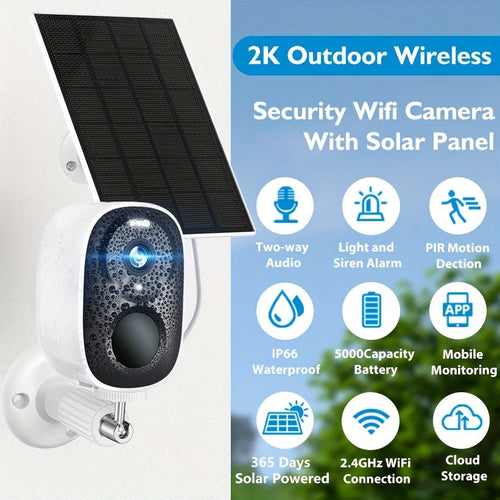 Solar Powered Outdoor Security Camera 2K 3MP – Wireless WiFi CCTV with AI Motion Detection, Color Night Vision, Spotlight, 2-Way Audio, IP66 Waterproof, No Monthly Fee, Cloud & SD Storage, Battery Powered