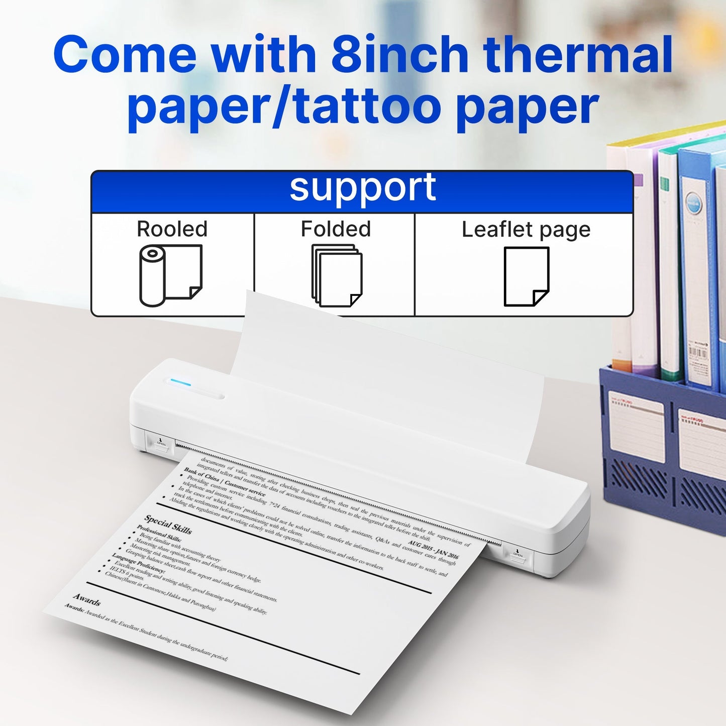 Portable Wireless Thermal Printer A4 Inkless – Compact Travel Printer for iPhone Android Laptop – Supports Letter Folding Roll & Tattoo Transfer Paper – Home Office School