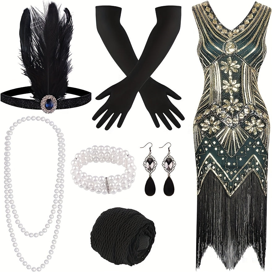 1920s Flapper Dress Women Sequin Beaded Fringe V-Neck Great Gatsby Costume with Accessories Set S-XL Red Black Gold