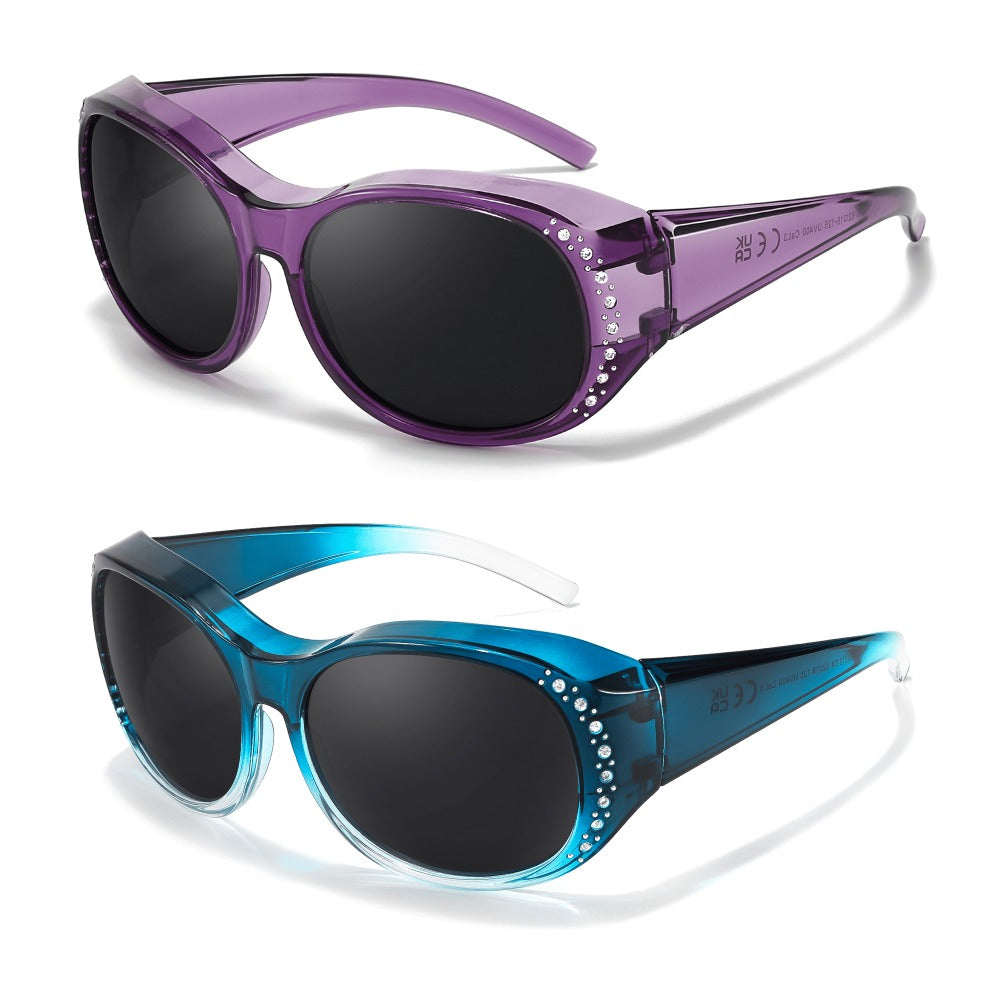 2-Pack Women's Polarized Fit Over Glasses for Prescription Eyeglasses – Rhinestone Accent Wraparound Sunglasses, Anti-Glare Polarized Lenses, No Adapter Needed, Multiple Color Options