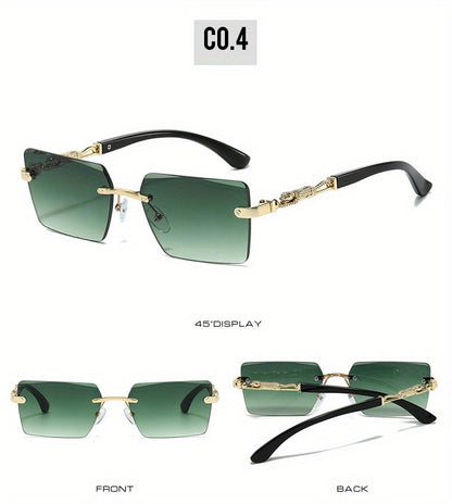 Unisex Rimless Leopard Sunglasses - UV400 Narrow Rectangular Frameless Shades in Black & Gold, Premium Fashion Eyewear for Men & Women, Includes Case & Cloth, Great for Parties Travel & Festivals