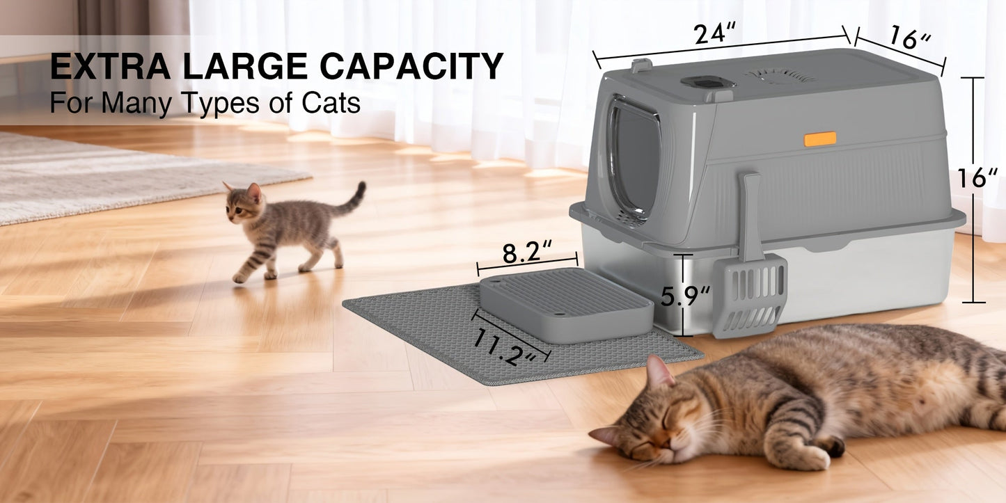 Oversized Enclosed Stainless Steel Cat Litter Box with Lid, Collapsible Anti-Splash Covered Indoor Cat Toilet with Front Flap Door & Superior Odor Control