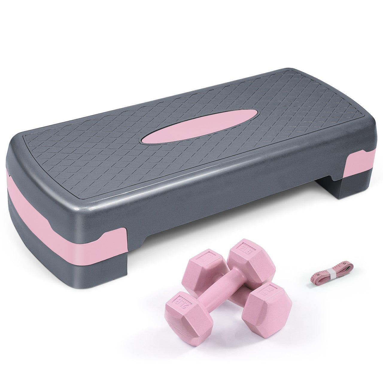Adjustable Height Aerobic Stepper Set with 2 Dumbbells & Measuring Tape – Non-Slip Exercise Step Platform, 4"-6" Level Risers, 550 LB Capacity, Home Gym Workout – Pink Grey, Blue & Green