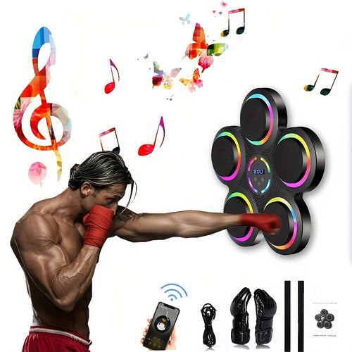 Smart Music Boxing Machine with Gloves – Wall Mount, LED Rhythm Lighting, Bluetooth, 9 Speed Modes, Intelligent LED Strike Counter, Home Gym Fitness Gift for Adults & Teens