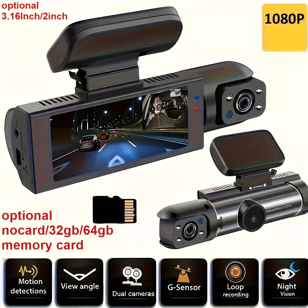 Dual Dash Cam Front & Inside 1080P – IR Night Vision, 150° Wide Angle, Loop Recording, Car DVR Camera with 32GB/64GB SD Card Option, 2" or 3.16" Screen